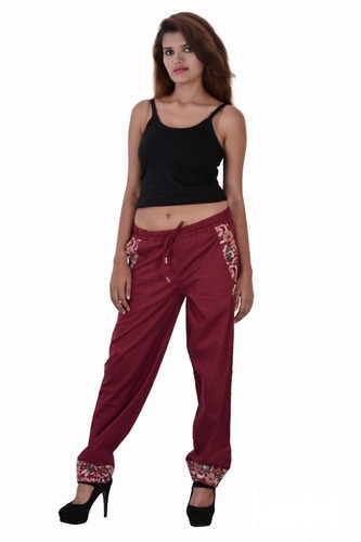 Cotton Solid Harem Trouser - Free Size Maroon Color , Regular Fit for Party Wear with Double Pockets