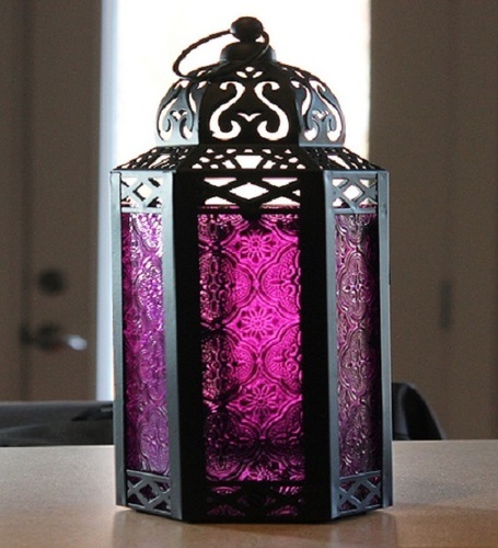 Vela Lanterns Mid-Size Table/Hanging Glass Hexagon Moroccan Candle Lantern Holders - Purple