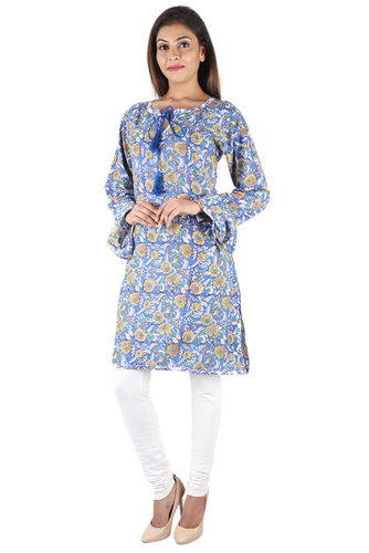 Cotton Plus Size Knee Length Blue Kurti - Solid Round Neck, Three Quarter Sleeves, Casual Style