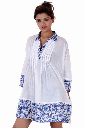 White Cotton Solid Party Wear Women Dress White-Blue