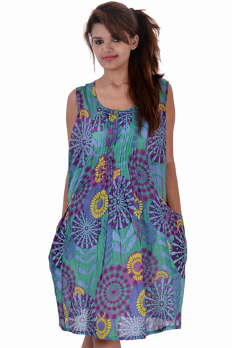 Cotton Printed Midi-Knee Length Trendy Sleeveless Dress - C. Green, Plus Size, Washable, Ideal for Spring and Summer