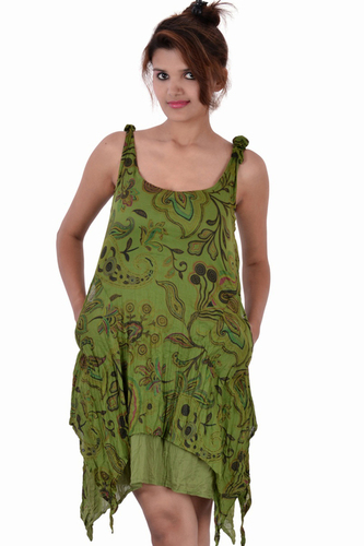 Green Cotton Printed Two Pockets Gypsy Dress