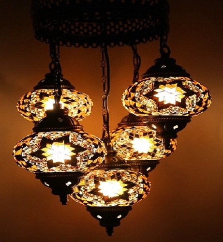 Multicolour Turkish Moroccan Style Mosaic Hanging Lamp Light Hand Craft 5 Globe By OTTO INTERNATIONAL