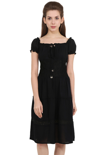 Plus Size Rayon Crepe Solid Fit And Flare Black Dress