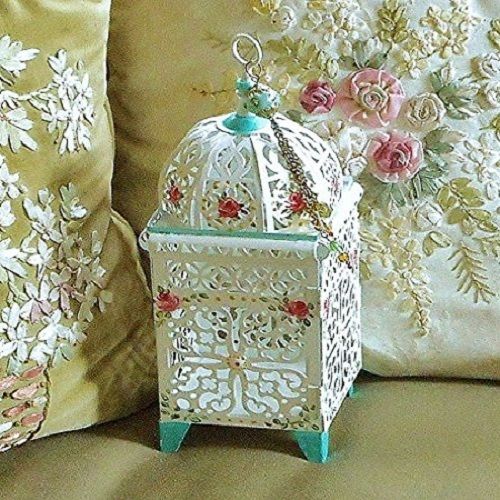 Decorative White Metal Filigree Candle Lantern Holder with Hand Painted Roses and Dangling Tassel