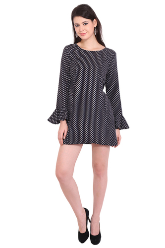 Washable Poly Crepe Dot Print Women Full Sleeve Black Dress