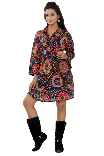 Cotton Plus Size Black Printed Full Sleeve Knee Length Dress - Fit & Flare, Round Neck Style for Spring and Summer