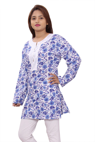 Plus Size Cotton Printed A Line Blue Dress