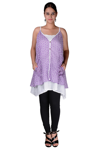 Cotton Plus Size Sleeveless A-Line Printed Dress - Purple, V-Neck Design for Spring and Summer Wear, Washable Fabric