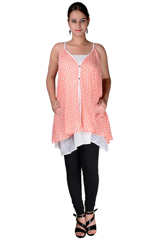 Plus Size Cotton Women A Line Printed Pockets Orange Dress
