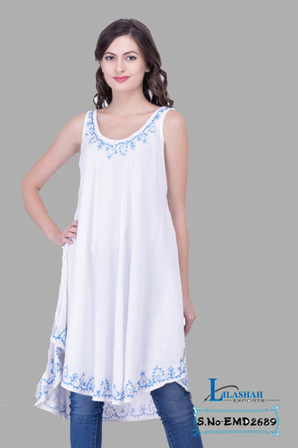 Washable White Embroidered For Womens Party Wear Beachwear Tunics Tops