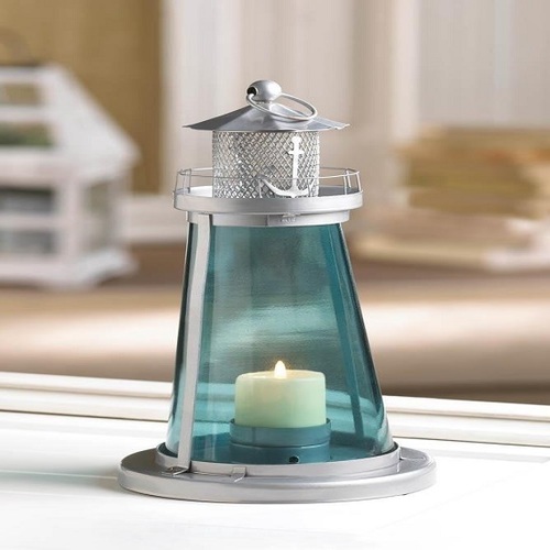 Nautical Blue Glass Lighthouse Watch Tower Candle Lantern By OTTO INTERNATIONAL