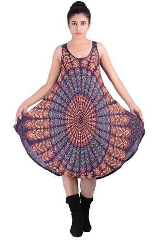 Maroon Umbrella Dresses Rayon Mandala Brown Color Western Dress