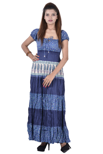 Washable Cotton Printed And Plain Blue Color Dress