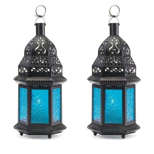 Gifts & Decor Moroccan Lantern Blue Glass Candle Holder (2 Lanterns)