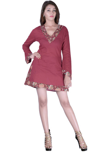 Plus Size Cotton Plain Maroon Color Dress