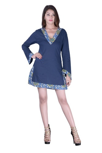 Plus Size Cotton Plain Blue Color Dress