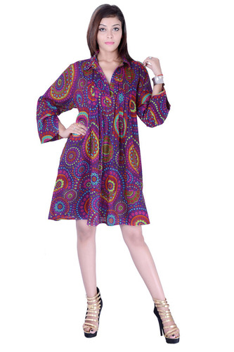 Cotton Printed Dress - Knee Length, Full Sleeve Design in Purple with Polka Dots, Plus Size and Washable Features