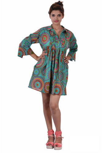 Plus Size Cotton Printed C.Green Color Dress