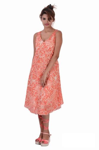 Washable Cotton Printed Orange Color Dress