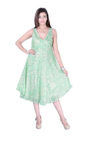 Cotton Umbrella Dress - Sleeveless, V-Neck, Green Floral Print | Plus Size Available, Washable, Perfect for Spring and Summer