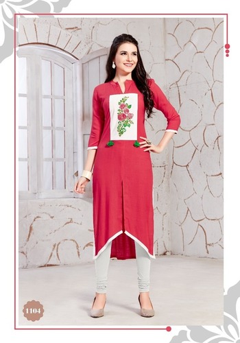 Rayon Slab Fabric Kurti - Sizes L to XXL, Red Floral Embroidery, 46 Inch Length | Elegant Comfortable Stylish Look