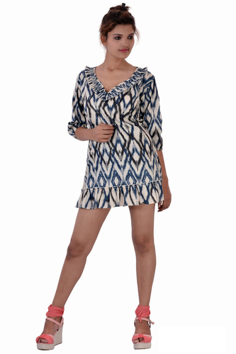 Cotton Printed Mini Dress - Short Sleeve, Blue Color with Zigzag Pattern | Plus Size, Washable, Ideal for Spring and Summer Parties