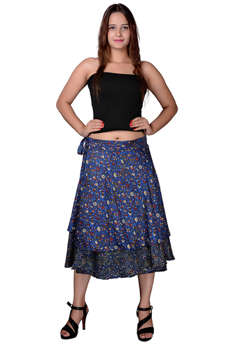 Blue Poly Crepe Women Wrap-Around Black Medium Skirt