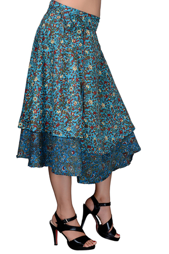 Sky Blue Poly Crepe Rose Print Women Wrap Around Black Casual Wear Medium Skirt