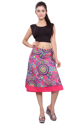 Cotton Printed Wrap Around Midi Skirt - Free Size, Pink Color | Trendy Party Wear for Spring, Summer
