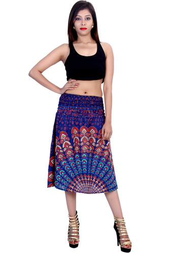 Ethnic Print Rayon Mandala Blue Color 2 In 1 Skirt