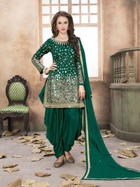 Green Silk Patiala Salwar Kameez - Long Sleeve, Mirror Work | Party Wear, 2.5m Dupatta, Semi Stitch
