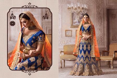 Lehenga Choli - Silk Blend Customized & Plus Sizes Available Blue Color with Heavy Embroidery and Beaded Lace Details Traditional Short Sleeves Design