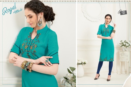 Rayon Embroidered Work Kurti - Sizes M-XXL, Knee Length, Mandarin Collar, Half Sleeves, Elegant Design