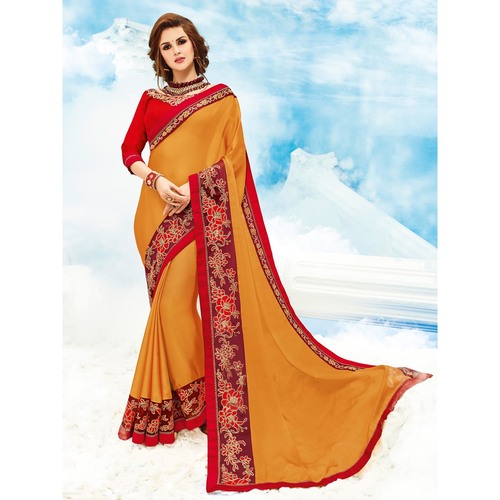 Designer Heavy Border Saree - Two Tone Moss Chiffon, Orange Color, Embellished Resam Embroidery, Lightweight, Smooth Texture, Wrinkle Free Finish