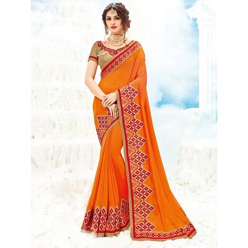 Traditional Georgette Saree - Two Tone Georgette Material Embellished Design Orange Color | Heavy Border Smooth Texture Wrinkle Free Finish Ideal for Parties and Weddings