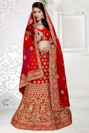 Red Bridal Wear Full Embroidery Designed Lehenga