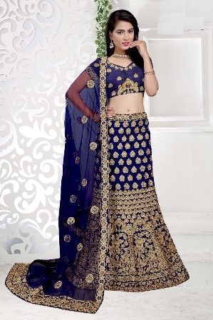 Lehenga Choli - Silk Fabric, Customized Sizes From XS to XXXL, Rich Navy Blue Color | Trendy Short Sleeves, Beaded Lace and Feather Embellishments, Embroidered Pattern