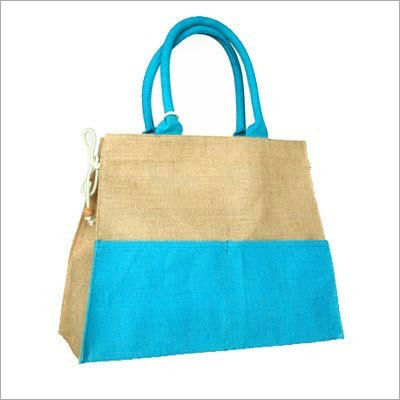 Cream & Sea Blue Laminated Jute Bag