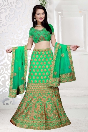 Light Green Heavy Designed Wedding Wear  Lehenga Decoration Material: Beads
