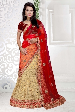 Cream And Orange Designer Lehenga Decoration Material: Beads