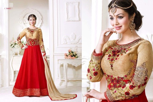 Red Anarkali Suit Decoration Material: Beads