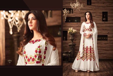 White Anarkali Suit Decoration Material: Beads