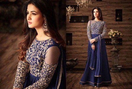 Blue Designer Anarkali Suit Decoration Material: Beads