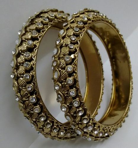 Brass Bangle - Brass, 60-70 mm Diameter, Gold | Stone Studded, Elegant Design, Oxidized Finish