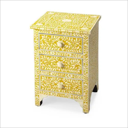 Yellow & White Bone Inlay Bedside Table With 3 Drawers