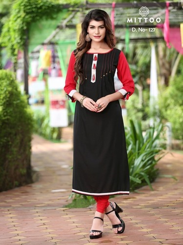 Ladies Fancy Kurti - 14 Kg Rayon, Sizes M(38) to XXXL(46) | Black and Red, Thread Embroidery, 3-4th Sleeve, Washable, Modern Style
