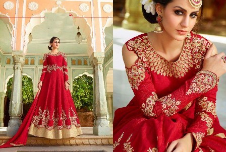 Bridal Wear Anarkali Suit - Georgette Fabric, Customized to Plus Size Options | Floral Embroidered Pattern, Full Sleeves, All Season Wear, Beaded Decoration