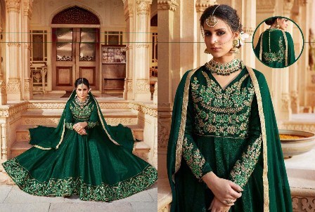 Anarkali Suit - Georgette Fabric, Custom Sizes Available, Elegant Green Color - Full Sleeves, Embroidered Beaded Decoration, All Season Wear