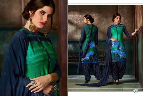 Rayon Patiala Salwar Suit - L, XL, XXL | Green & Blue Designer Print with Matching Nazneen Dupatta